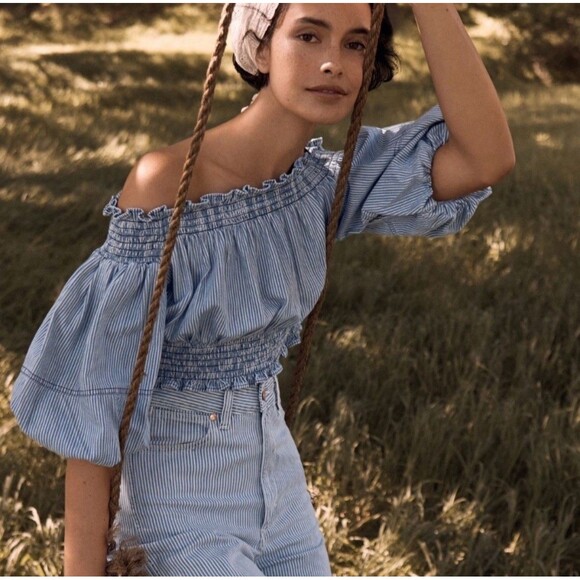 Anthropologie Porridge Top Sz L Ruby Off Shoulder Cropped Denim Striped Boho - Picture 6 of 16